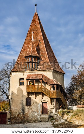 Transylvania, Romania. Baroque architecture Shoemaker tower in medieval walled city of Sighisoara, rebuilt in 1681