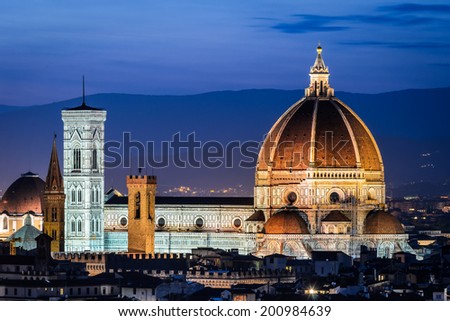 Night scenery with Florence Cathedral in night, renaissance architecture in Italy.