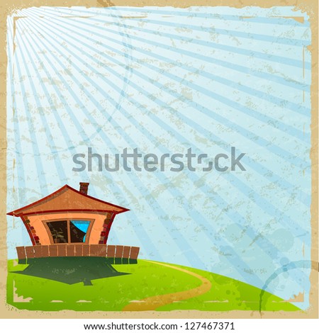 Vintage card with the image of a village house