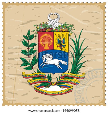 Coat of arms of  Venezuela on the old postage stamp