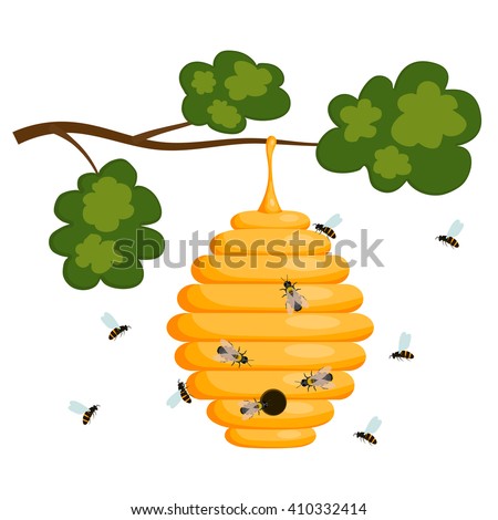 Yellow bee hive on a white background. Bee hive isolate. Stock Vector illustration of bee house with a circular entrance. Insect life in nature. Bees near the hive. Beehive in a tree branch.