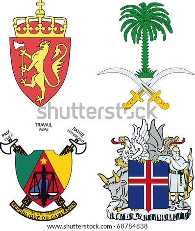 a set of arms of Iceland, Norway, Saudi Arabia, Cameroon