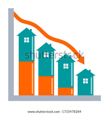 Real estate downturn concept. Graph showing decline in house value with negative equity growth indicator.