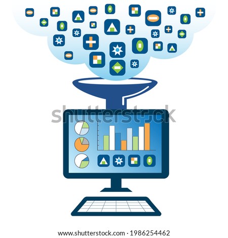 Data Analytics concept. Raw data are ingested into the computer for data analysis and trending.