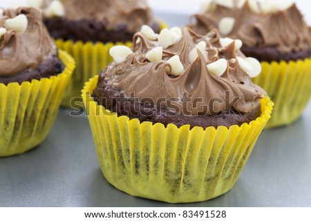 Chocolate cupcakes with milk chocolate frosting and white chocolate chips.