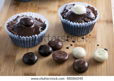 Two chocolate cupcakes topped with chocolate sauce and chocolate covered candies.