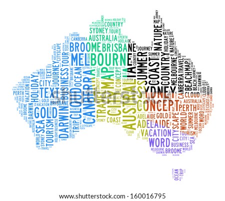 Australia map text cloud on isolated background