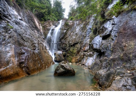 Beautiful scenery of waterfall at Gunung Pulai, Johor, Malaysia in HDR