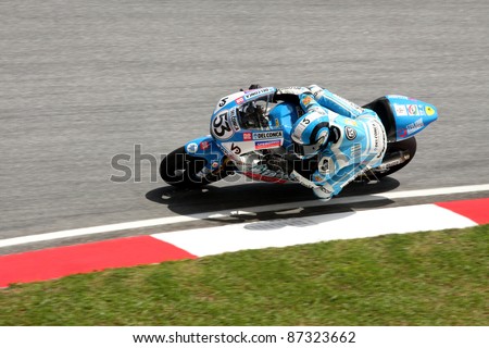 SEPANG,MALAYSIA-OCT.21: Valentin Debise of Speed UP Team in action during practice session of Shell Advance Malaysian Moto GrandPrix on Oct. 21 2011 in Sepang, Malaysia.