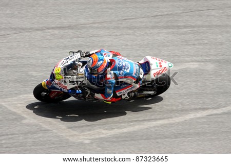 SEPANG,MALAYSIA-OCT.21: Esteve Rabat of Blusens-STX Team in action during practice session of Shell Advance Malaysian Moto GrandPrix on Oct. 21 2011 in Sepang, Malaysia.
