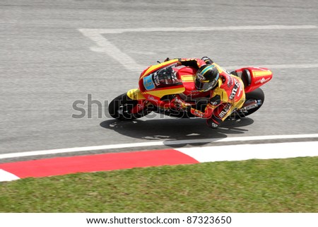 SEPANG,MALAYSIA-OCT.21: Xavier Simeon of Tech 3B Team in action during practice session of Shell Advance Malaysian Moto GrandPrix on Oct. 21 2011 in Sepang, Malaysia.