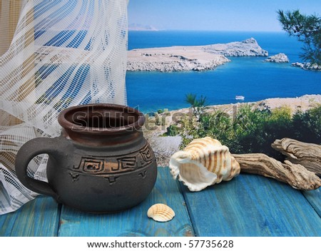 Memories of Rhodos island, still life with cup and photo coast of Rhodes on background