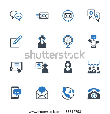 Contact Us Icons Set 5 - Blue Series. Set of icons representing customer assistance, customer service and support.