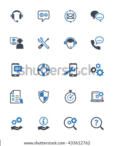 Technical Support Icons - Blue Series. Set of icons representing technical support services,  customer assistance, customer service and support.