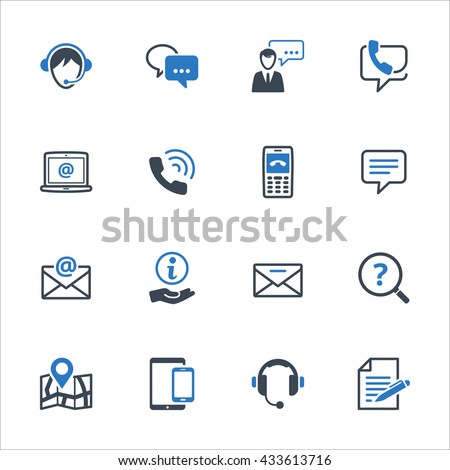 Contact Us Icons Set 3 - Blue Series. Set of icons representing customer assistance, customer service and support.
