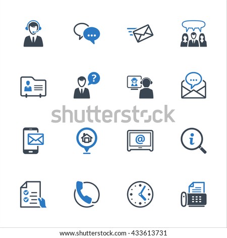 Contact Us Icons Set 2 - Blue Series. Set of icons representing customer assistance, customer service and support.