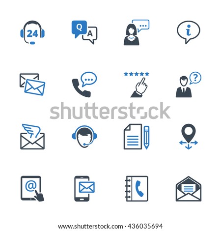 Contact Us Icons Set 6 - Blue Series. Set of icons representing customer assistance, customer service and support.
