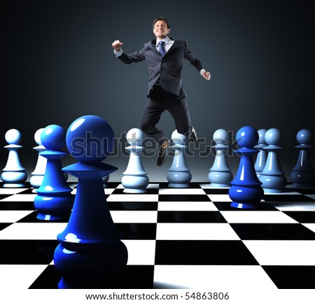 businessman jump over 3d chess board and smile