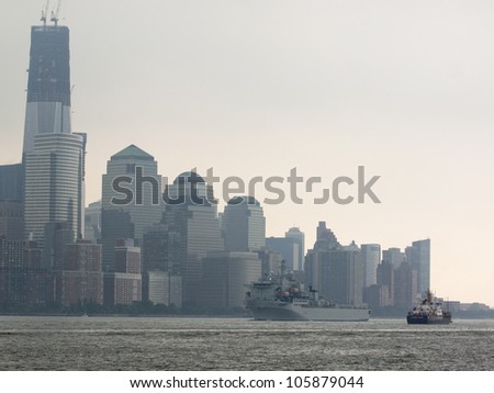 HOBOKEN, NJ - MAY 23: The RFA Argus A135 (UK) goes past the World Trade Center in Lower Manhattan during the Parade of Sails on May 23, 2012 in Hoboken, NJ. The parade marks the start of Fleet Week.