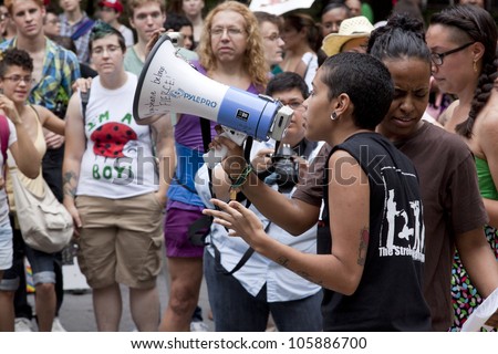 NEW YORK - JUNE 22: A member of FIERCE speaks to an audience of supporters in Washington Square Park during the 8th Annual Trans Day of Action on June 22, 2012 in New York City.