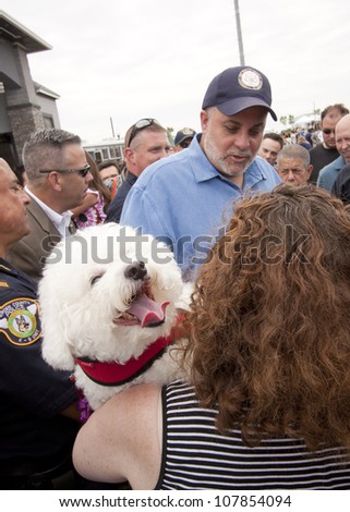 RIDGEFIELD PK, NJ-JULY 14: Famous 77 WABC radio host and dog lover Mark Levin surrounded by fans at the 2nd Annual Bark In The Park on July 14, 2012 in Ridgefield Park, NJ.