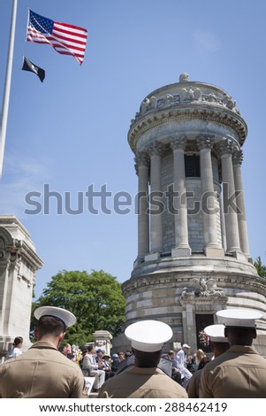 NEW YORK - MAY 25 2015: A group of military personnel from the US Marine Corps attend the Memorial Day Observance service at the Soldiers and Sailors Monument  in Manhattan during Fleet Week NY 2015.