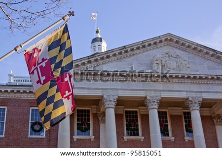 The flag outside the north entrance of the Maryland State House in Annapolis, MD. where the Maryland General Assembly convenes for three months a year.