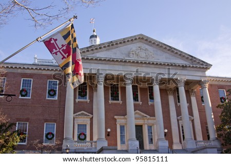 The Maryland state flag at the north entrance of the State House in Annapolis, MD. where the Maryland General Assembly convenes for three months a year.