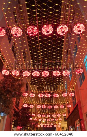 LED overhead netting and lantern decoration. Concept of energy saving, cool lighting and decoration.