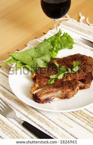 Grilled ribeye steak with a glass of wine