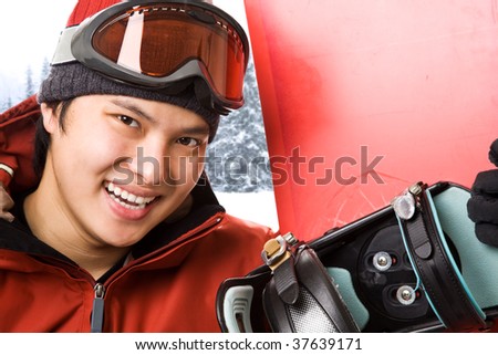 A shot of an asian snowboarder at the ski winter resort