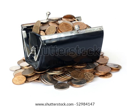Purse with Russian coins on a white background