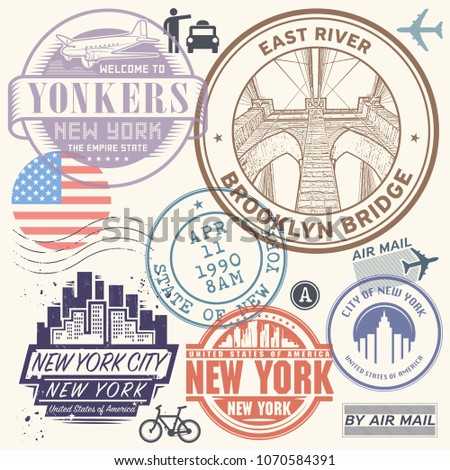 Retro postage USA airport stamps set New York state theme, vector illustration