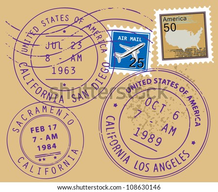 Set of USA post stamp symbols, vector illustration