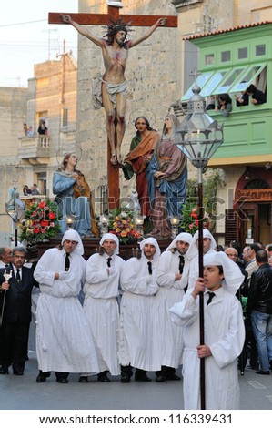 MOSTA, MALTA - APR 22 - Biblical enactment of the passion during in the Good Friday procession in the village of Mosta in Malta April 22, 2011