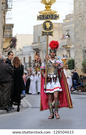 MOSTA, MALTA - APR 22 :Roman centurion during in the Good Friday procession in the village of Mosta in Malta April 22, 2011