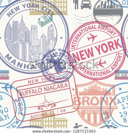Seamless pattern with visa rubber stamps on passport with text New York, Manhattan, Buffalo, Bronx, immigration signs, airport travel, vector illustration