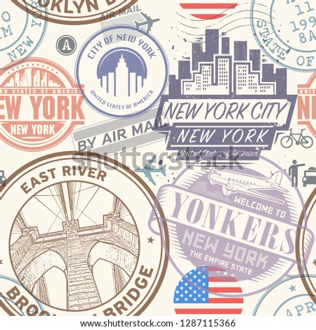 Seamless pattern with visa rubber stamps on passport with text New York, Manhattan, Yonkers, East River, immigration signs, airport travel, vector illustration