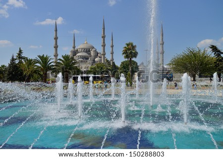 ISTANBUL - AUGUST 7: View of the Blue Mosque (Sultan Ahmed) with fountain, August 7, 2013 in Istanbul, Turkey. Sultan Ahmed Mosque (Blue Mosque) on of most popular tourist attractions in Istanbul.