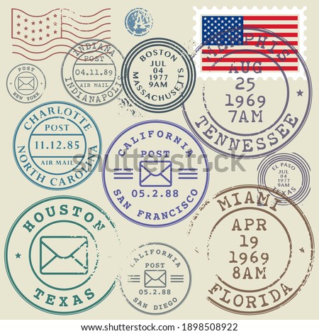 Set of USA post stamp symbols, vector illustration