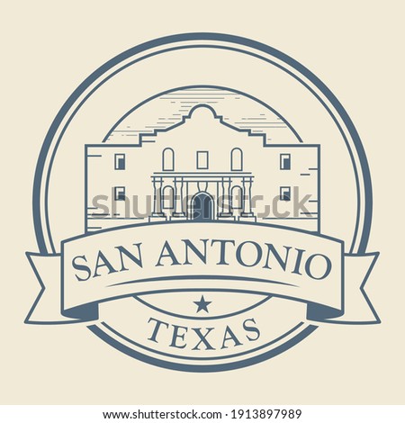 Stamp or label with Alamo Mission in San Antonio, Texas, inside, vector illustration