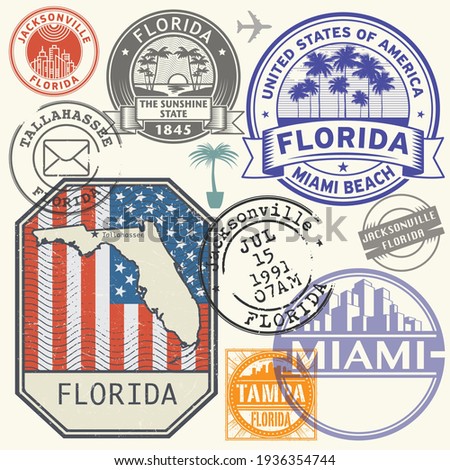 Stamps or labels set with name of Florida state, vector illustration