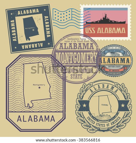 Stamp set with the name and map of Alabama, United States, vector illustration