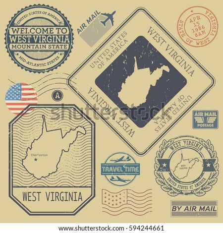 Retro vintage postage stamps set West Virginia, United States theme, vector illustration