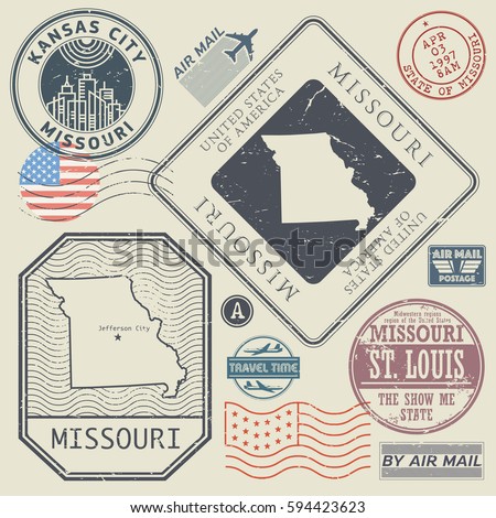 Retro vintage postage stamps set Missouri, United States theme, vector illustration