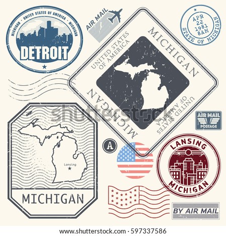 Retro vintage postage stamps set Michigan, United States theme, vector illustration