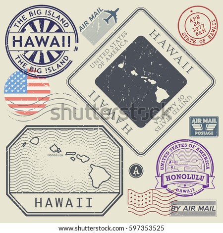 Retro vintage postage stamps set Hawaii, United States theme, vector illustration