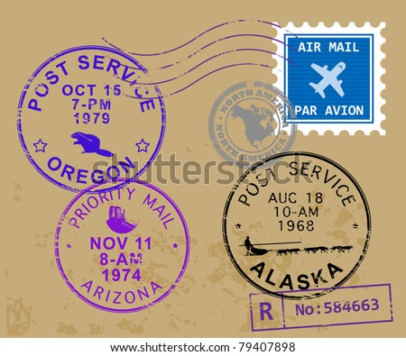 Set of USA post stamp symbols, vector illustration