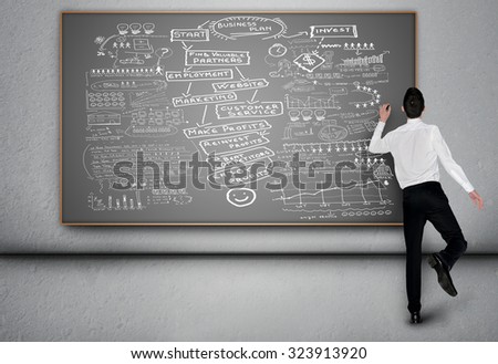 Young man write business plan on blackboard