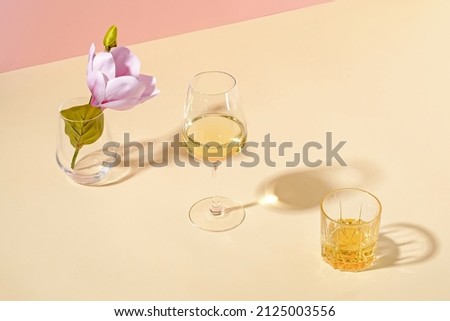 Similar – Image, Stock Photo Single white wine glass and potato chips on white table at home. Single apartment living. Home interior with yellow couch. Relaxing evening alone at home. One-person households are becoming increasingly common across the world. Millennial lifestyle.